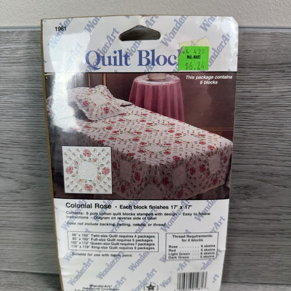 Vintage WonderArt Colonial Rose Quilt Blocks Cross Stitch 6 Precut White
